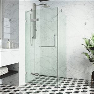 VIGO Monteray 30 in. W x 73 in. H Frameless Hinged Shower Enclosure in Chrome with Clear Glass and Handle