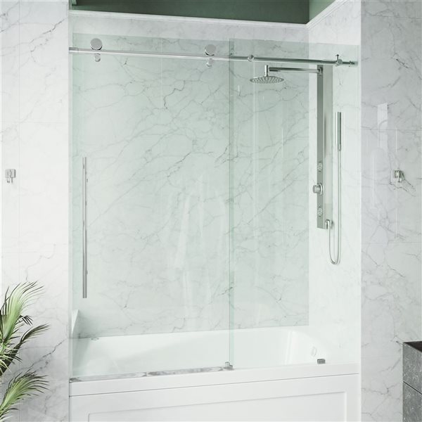 VIGO Elan E-Class 56 to 60 in. W x 66 in. H Frameless Sliding Tub Door in Chrome with Clear Glass and Handle