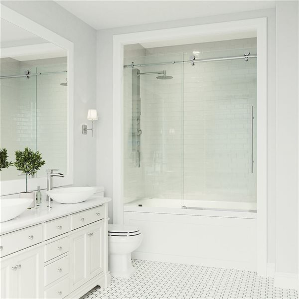 VIGO Elan E-Class 56 to 60 in. W x 66 in. H Frameless Sliding Tub Door in Chrome with Clear Glass and Handle