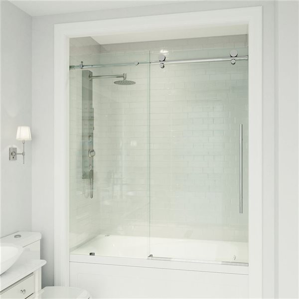 Porte de baignoire coulissante sans cadre Elan E-Class par VIGO chrome avec verre transparent et poignée 56 à 60 x 66 po