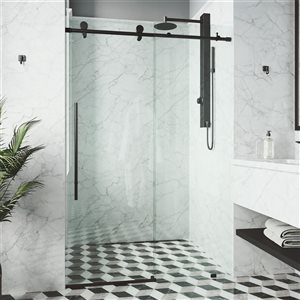 Porte de douche coulissante sans cadre Elan E-Class par VIGO noir mat avec verre transparent et poignée 52 à 56 x 76 po