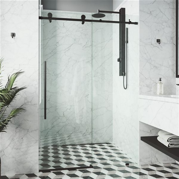 VIGO Elan E-Class 52 to 56 in. W x 76 in. H Frameless Sliding Shower Door in Matte Black with Clear Glass and Handle