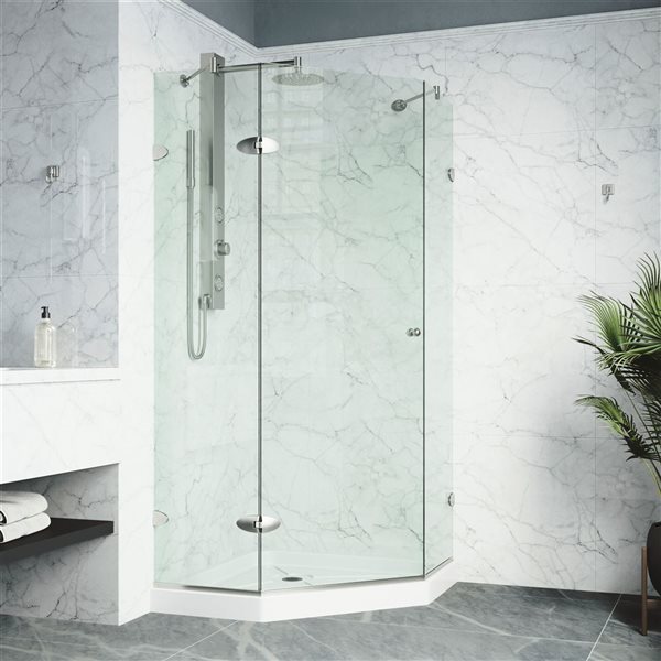 Cabine de douche à charnière sans cadre Verona par VIGO nickel brossé avec verre transparent 42 po x 28 po x 77 po