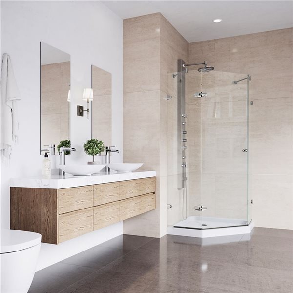 Cabine de douche à charnière sans cadre Verona par VIGO nickel brossé avec verre transparent 42 po x 28 po x 77 po