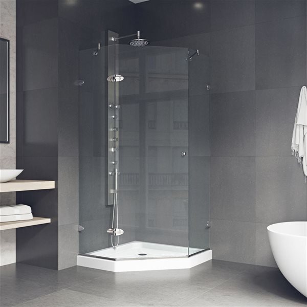 Cabine de douche à charnière sans cadre Verona par VIGO nickel brossé avec verre transparent 42 po x 28 po x 77 po