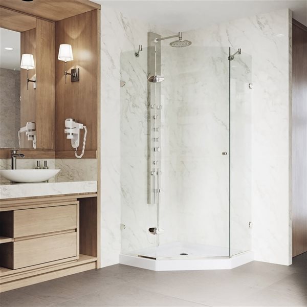 Cabine de douche à charnière sans cadre Verona par VIGO nickel brossé avec verre transparent 42 po x 28 po x 77 po