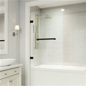 VIGO Rialto 34-in W x 58-in H Frameless Matte Black Hinged Tub Door with Clear Glass and Handle