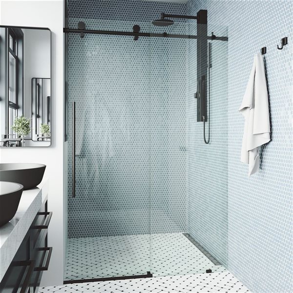 VIGO Elan E-Class 48 to 52 in. W x 76 in. H Frameless Sliding Shower Door in Matte Black with Clear Glass and Handle