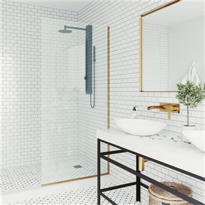 Paroi de douche fixe sans cadre Zenith par VIGO or brossé mat avec verre transparent 34 po L x 74 po H