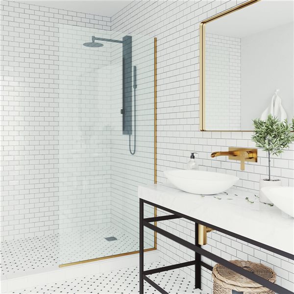 VIGO Zenith 34 in. W x 74 in. H Frameless Fixed Shower Screen in Matte Brushed Gold with Clear Glass