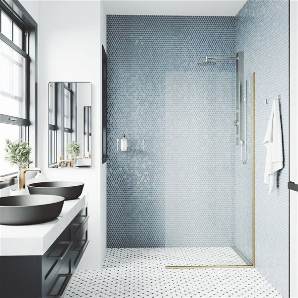 VIGO Zenith 34 in. W x 74 in. H Frameless Fixed Shower Screen in Matte Brushed Gold with Clear Glass