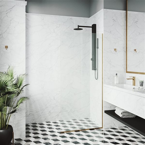 VIGO Zenith 34 in. W x 74 in. H Frameless Fixed Shower Screen in Matte Brushed Gold with Clear Glass