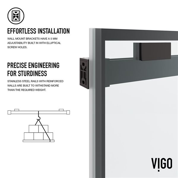 VIGO Houston 56 to 60 in. W x 76 in. H Frameless Sliding Shower Door in Matte Black with Clear Glass and Handle