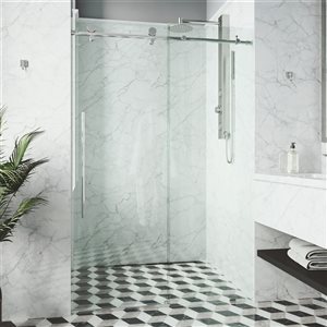 Porte de douche coulissante sans cadre Elan E-Class par VIGO chrome avec verre transparent et poignée 52 à 56 po x 76 po