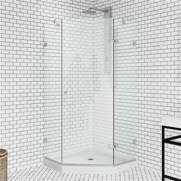 Cabine de douche à charnière sans cadre Verona par VIGO nickel brossé avec verre transparent 38 po x 77 po