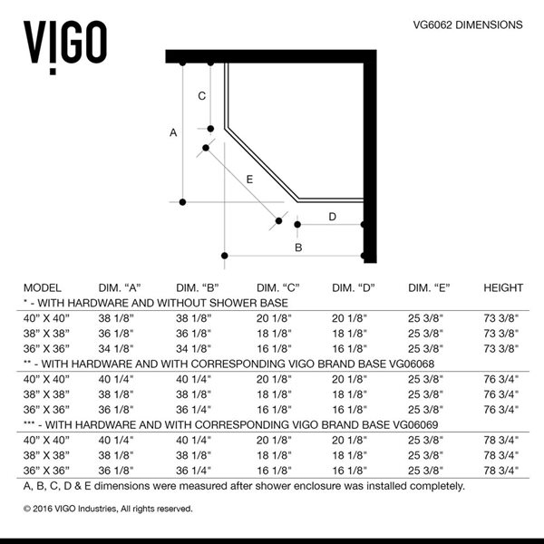 VIGO Piedmont 36 in. W x 77 in. H Frameless Hinged Shower Enclosure in Chrome with Clear Glass