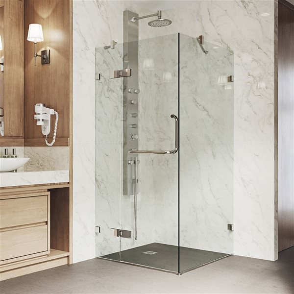 VIGO Monteray 30 in. W x 73 in. H Frameless Hinged Shower Enclosure in Brushed Nickel with Clear Glass and Handle