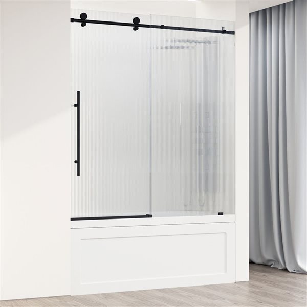 VIGO Elan E-Class 60 in. x 66 in. Frameless Sliding Tub Door in Matte Black with Fluted Glass