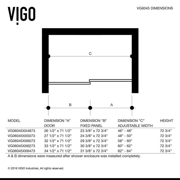 VIGO Ryland 62 to 64 in. W x 73 in. H Frameless Track Sliding Shower Door in Stainless Steel with Clear Glass and Handle