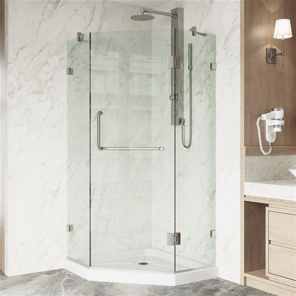 VIGO Piedmont 36 in. W x 77 in. H Frameless Hinged Shower Enclosure in Brushed Nickel with Clear Glass