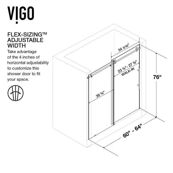 VIGO Elan E-Class 60 to 64 in. W x 76 in. H Frameless Sliding Shower Door in Chrome with Clear Glass and Handle