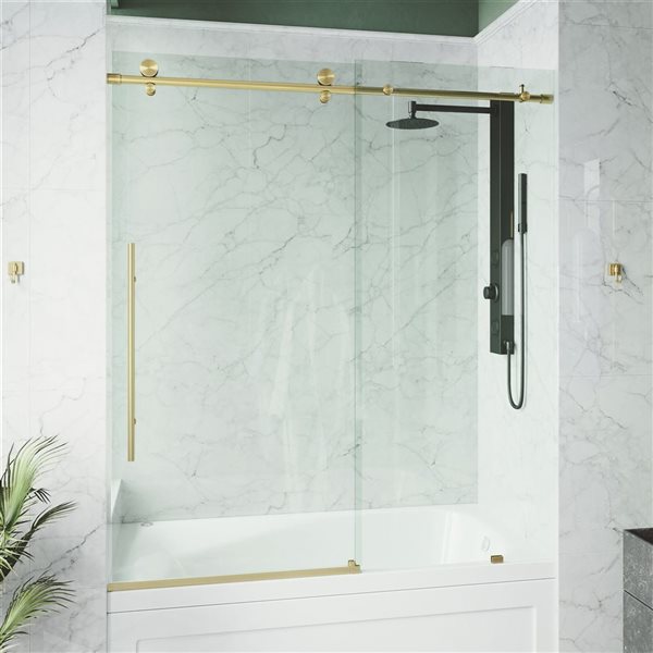 Porte de douche coulissante VIGO Elan classe E 60 po x 66 po, plaquée en or brossé verre transparent sans cadre