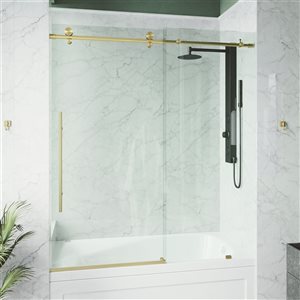 VIGO Elan E-class 56 to 60 in. x 66 in. Frameless Sliding Tub Door in Matte Gold with Clear Glass and Handle