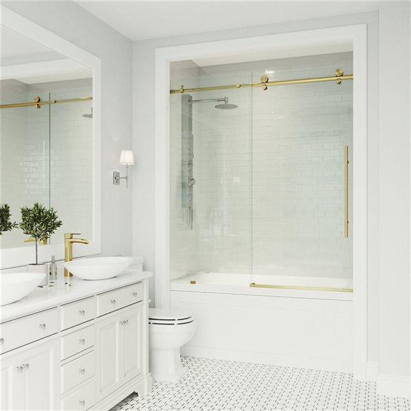 VIGO Elan E-class 56 to 60 in. x 66 in. Frameless Sliding Tub Door in Matte Gold with Clear Glass and Handle