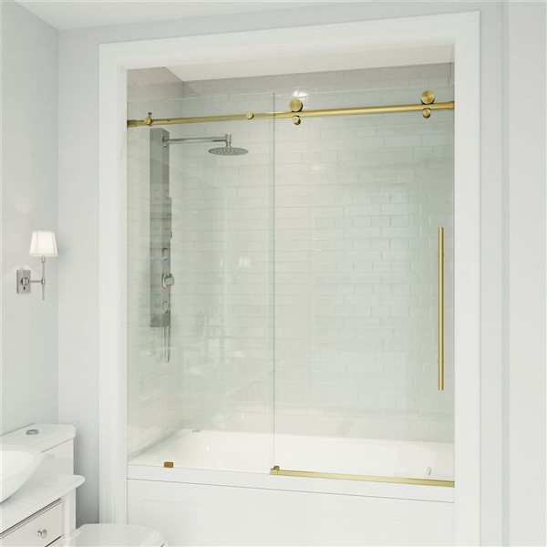 Porte de douche coulissante VIGO Elan classe E 60 po x 66 po, plaquée en or brossé verre transparent sans cadre