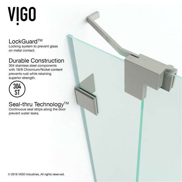 VIGO Pirouette 54 to 60 in. W x 72 in. H Frameless Pivot Shower Door in Brushed Nickel with Clear Glass and Handle