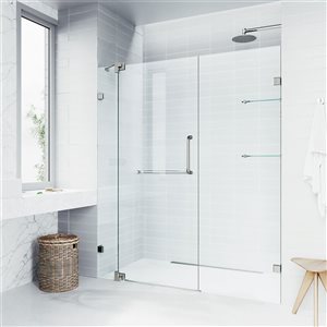 VIGO Pirouette 54 to 60 in. W x 72 in. H Frameless Pivot Shower Door in Brushed Nickel with Clear Glass and Handle