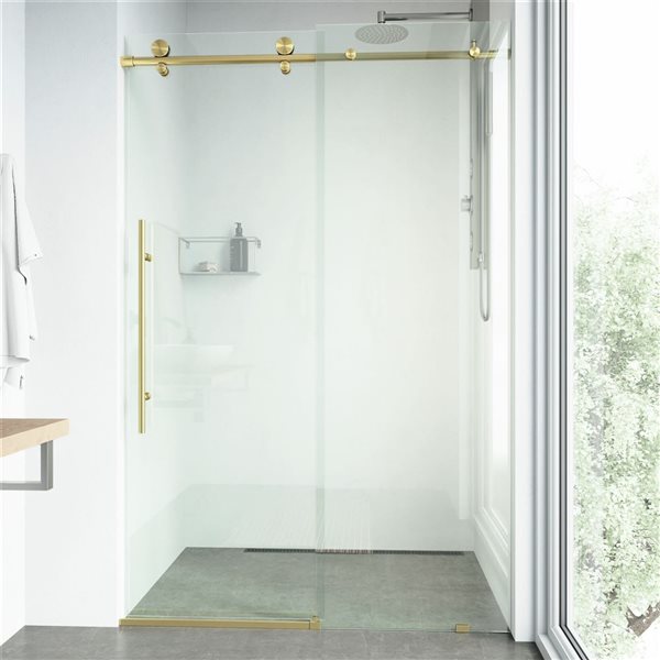 Porte de douche coulissante sans cadre Elan E-Class par VIGO or brossé mat avec verre transparent 60 à 64 po x 76 po