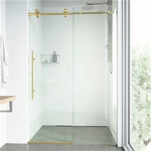 Porte de douche coulissante sans cadre Elan E-Class par VIGO or brossé mat avec verre transparent 60 à 64 po x 76 po