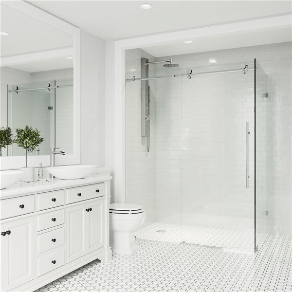 Cabine de douche coulissante sans cadre Elan E-Class par VIGO chrome avec verre transparent et poignée 34 x 46 x 76 po