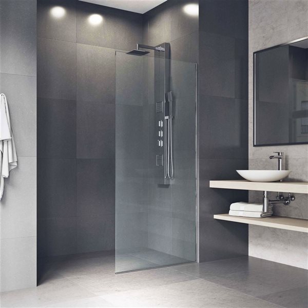 Paroi de douche fixe sans cadre Zenith par VIGO chrome avec verre transparent  34 po x 74 po