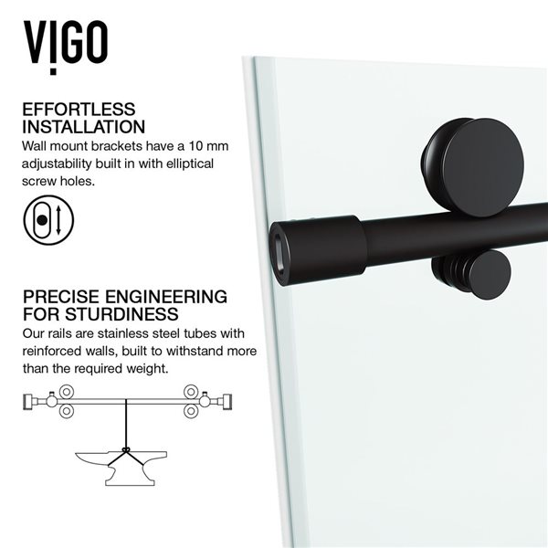 VIGO Elan E-Class&nbsp;64 to 68-in W x&nbsp;76-in H Frameless Matte Black Sliding Shower Door with Clear Glass and Handle