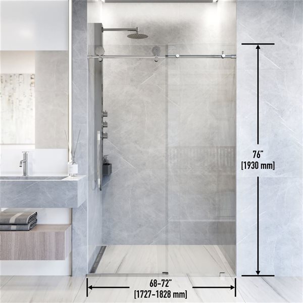 Porte de douche coulissante sans cadre Elan Hart par VIGO chrome avec verre transparent et poignée 68 à 72 x 76 po