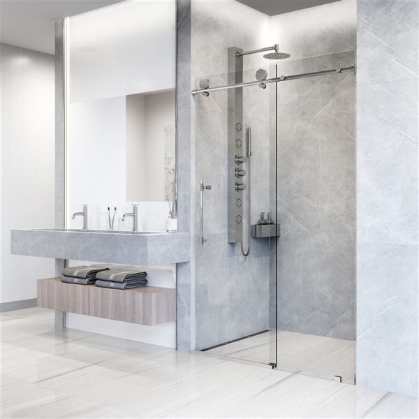 Porte de douche coulissante sans cadre Elan Hart par VIGO chrome avec verre transparent et poignée 68 à 72 x 76 po