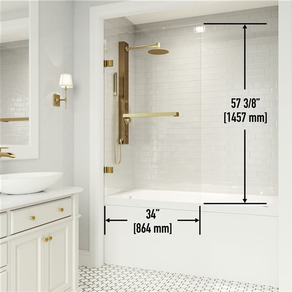 VIGO Rialto&nbsp;34-in W x&nbsp;58-in H Frameless Matte Brushed Gold Hinged Tub Door with Clear Glass and Handle