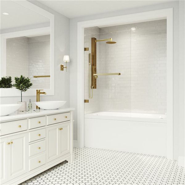 Rialto 34-In W X 58-In H Frameless Matte Brushed Gold Hinged Tub Door With Clear Glass And Handle