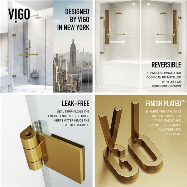 VIGO Rialto&nbsp;34-in W x&nbsp;58-in H Frameless Matte Brushed Gold Hinged Tub Door with Clear Glass and Handle