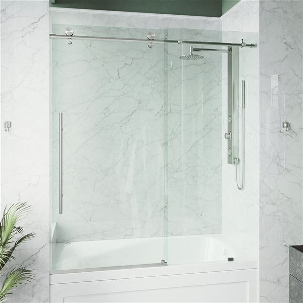 VIGO Elan E-class 56 to 60 in. x 66 in. Frameless Sliding Tub Door in Stainless Steel with Clear Glass and Handle