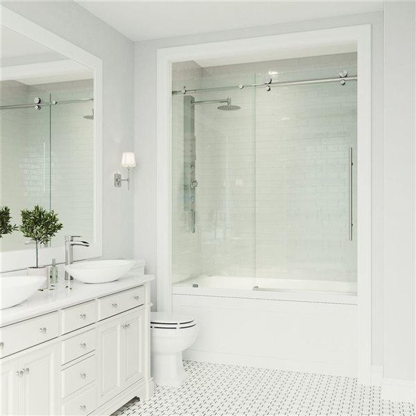 VIGO Elan E-class 56 to 60 in. x 66 in. Frameless Sliding Tub Door in Stainless Steel with Clear Glass and Handle