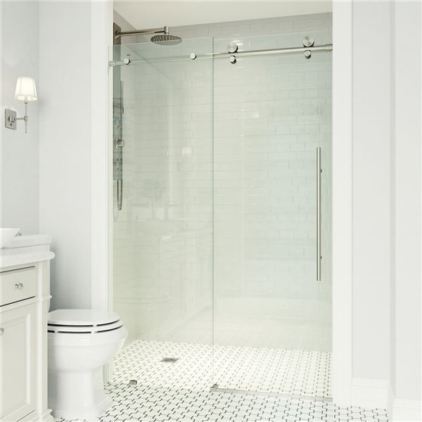 VIGO Elan E-Class 64 to 68 in. W x 76 in. H Frameless Sliding Shower Door in Stainless Steel with Clear Glass and Handle