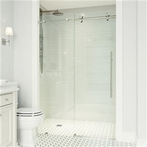 VIGO Elan E-Class 64 to 68 in. W x 76 in. H Frameless Sliding Shower Door in Stainless Steel with Clear Glass and Handle