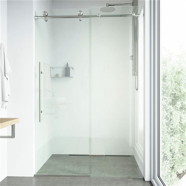 VIGO Elan E-Class 60 to 64 in. W x 76 in. H Frameless Sliding Shower Door in Stainless Steel with Clear Glass and Handle