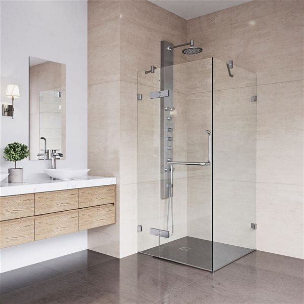 VIGO Monteray 34 in. W x 73 in. H Frameless Hinged Shower Enclosure in Chrome with Clear Glass and Handle