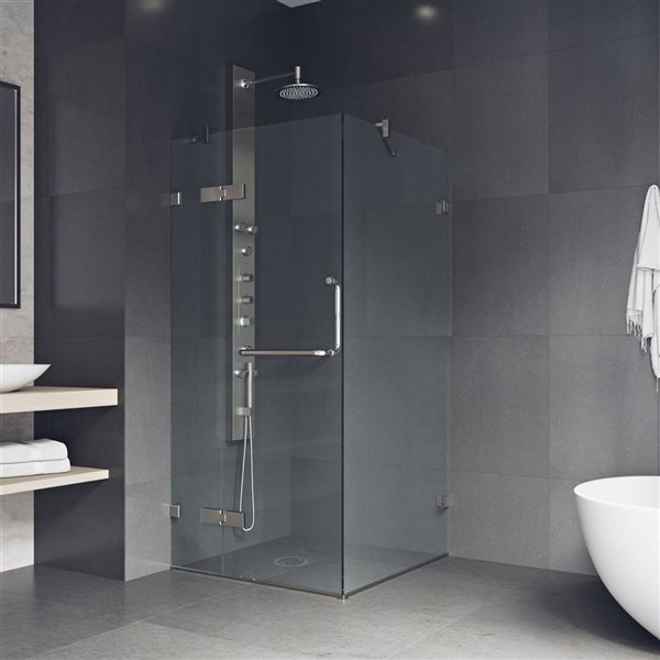 Cabine de douche à charnière sans cadre Monteray par VIGO nickel brossé avec verre transparent 34 x 34 x 73 po