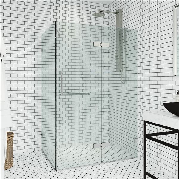 VIGO Monteray 30 in. L x 46 in. W x 73 in. H Frameless Hinged Shower Enclosure in Chrome with Clear Glass and Handle