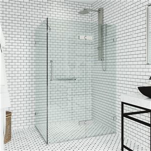 VIGO Monteray 30 in. L x 46 in. W x 73 in. H Frameless Hinged Shower Enclosure in Chrome with Clear Glass and Handle